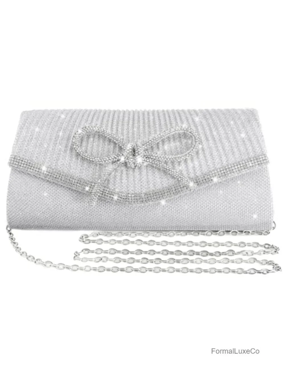 Glitter Bow Clutch Evening Bag with Rhinestone Accents Detachable Chain Strap